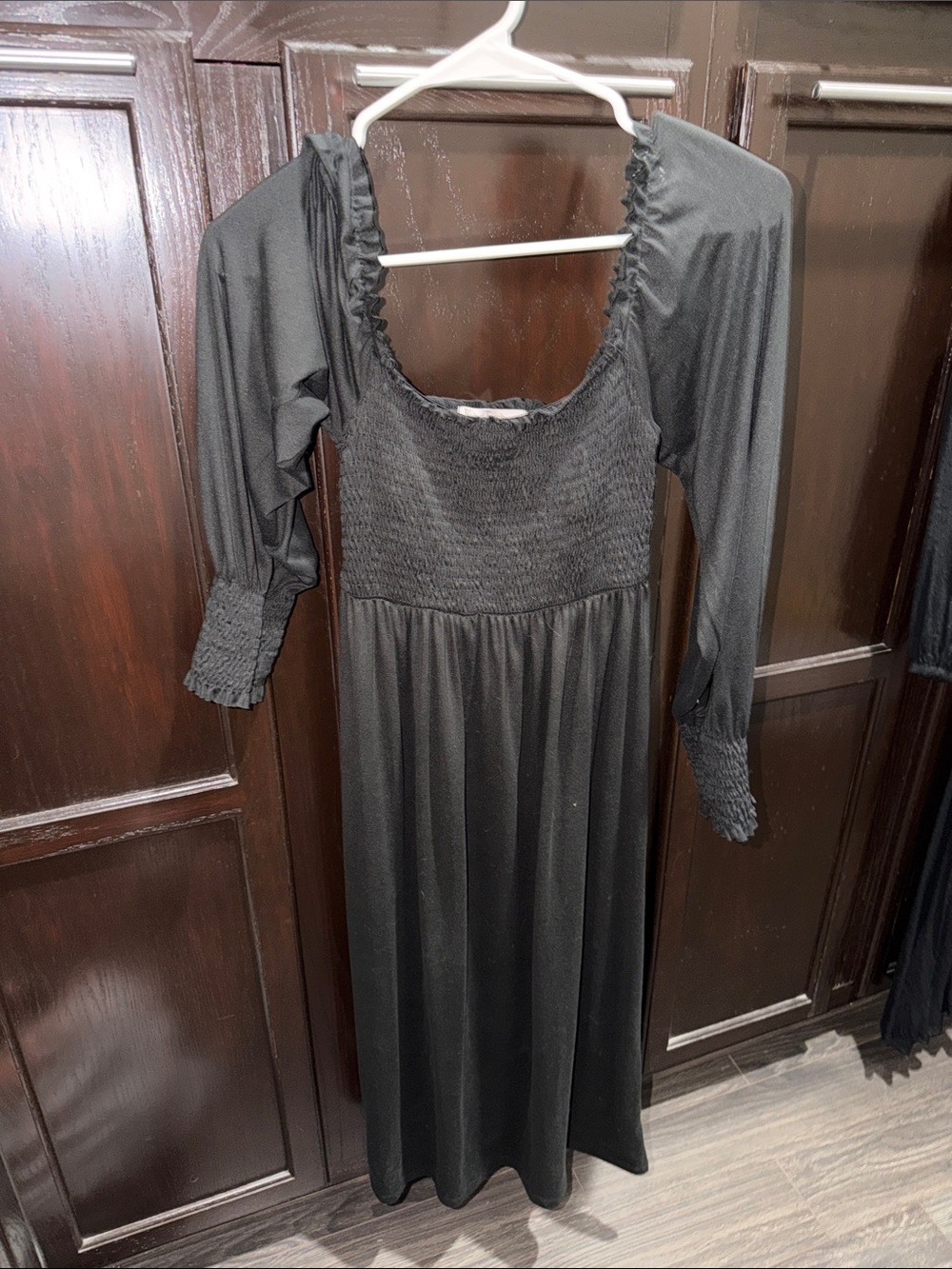 Velvet Torch Black Smocked Midi with Puff Sleeves